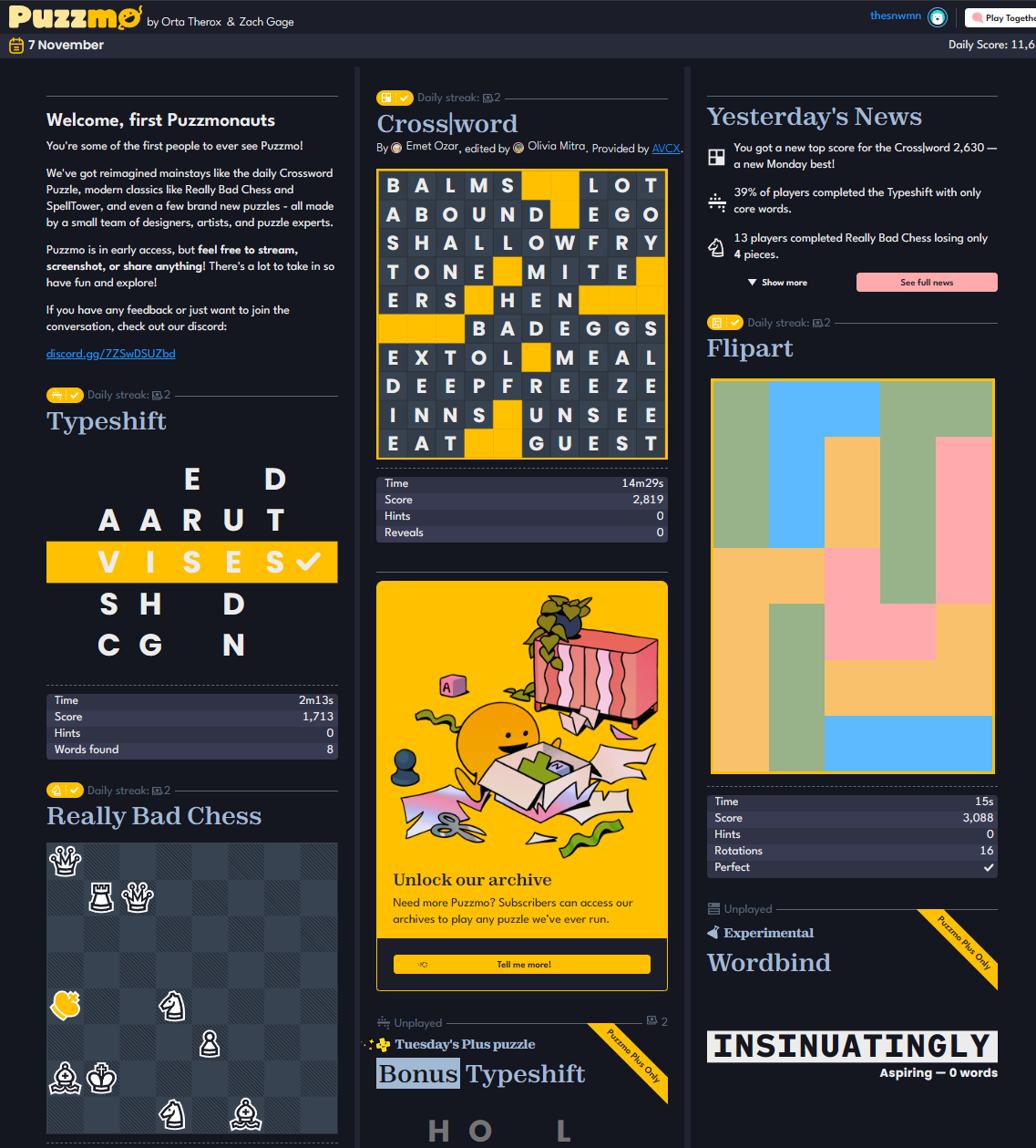 Puzzmo Reimagining the newspaper puzzle page (maybe one for the daily